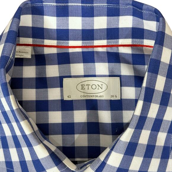 Eton Contemporary Mens Size 42/16.5 Long Sleeve Checkered Button Down Blue White - Picture 4 of 11